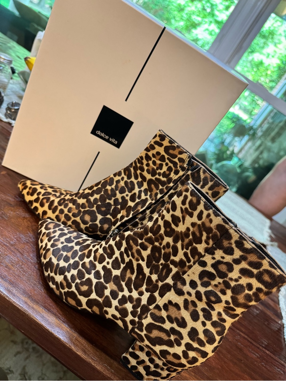 Dolce Vita Brown and Tan Leopard Print Pointed Ankle Boots